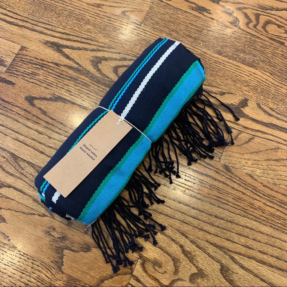 New JCREW Striped Beach Blanket Towel Navy Fringe